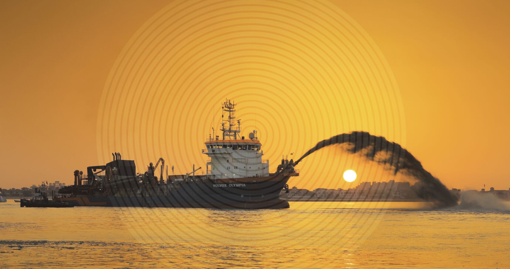 Dredging vessel working in the ocean at sunset with a white circle overlay on top of the vessel.  